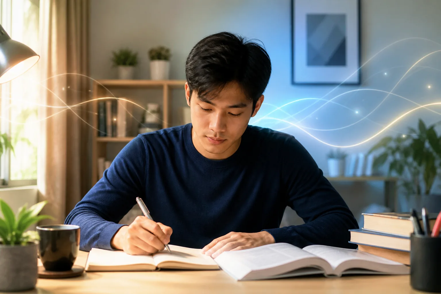 Malaysian learner concentrating at a study desk