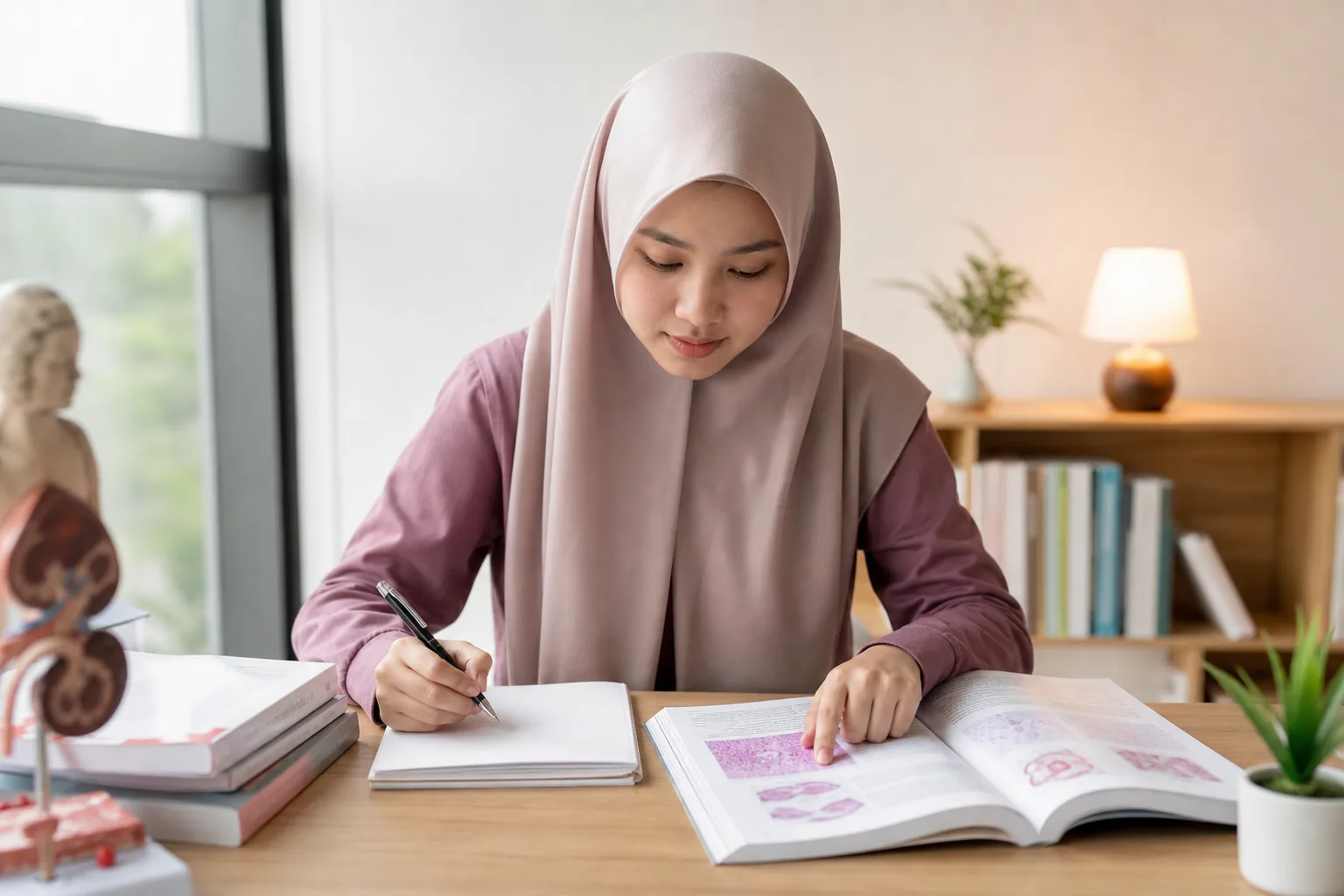 Pelajar wanita Melayu Malaysia belajar dengan fokus