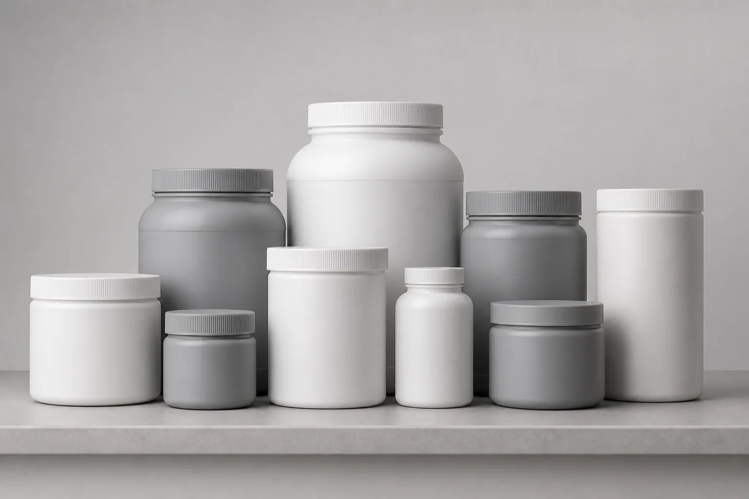 Neutral shelf of unbranded creatine containers