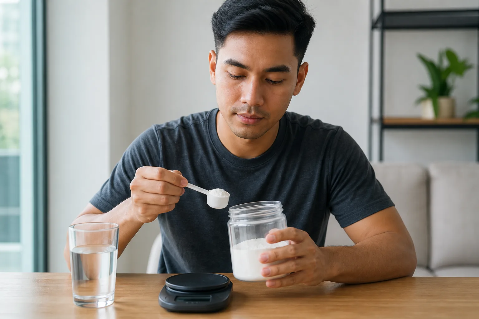 Malaysian adult carefully measuring a small creatine serving