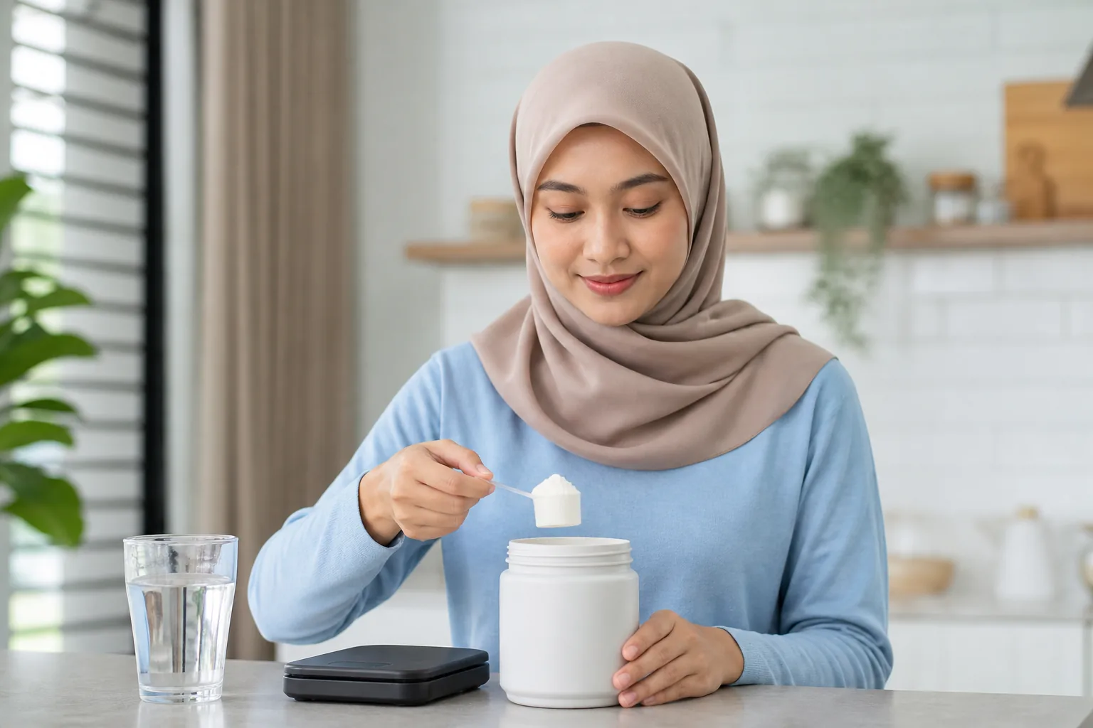 Wanita Melayu Malaysia menyukat satu hidangan kecil kreatina
