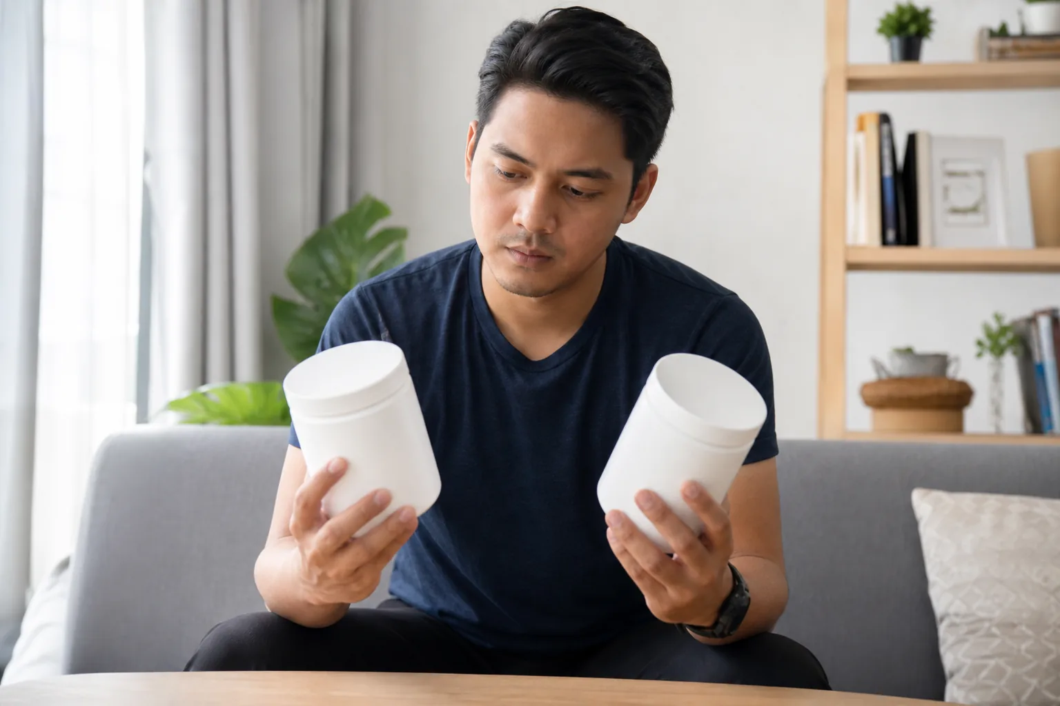 Malaysian consumer carefully comparing unbranded supplement information