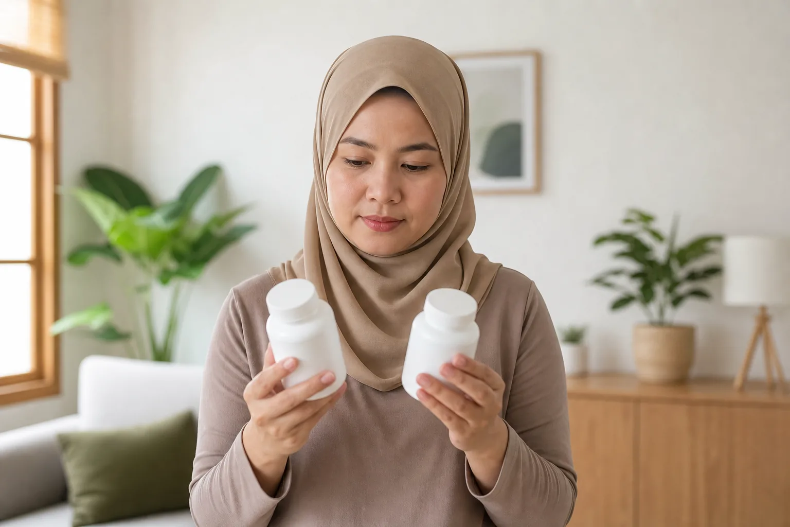 Wanita Melayu Malaysia membandingkan bekas suplemen tanpa jenama