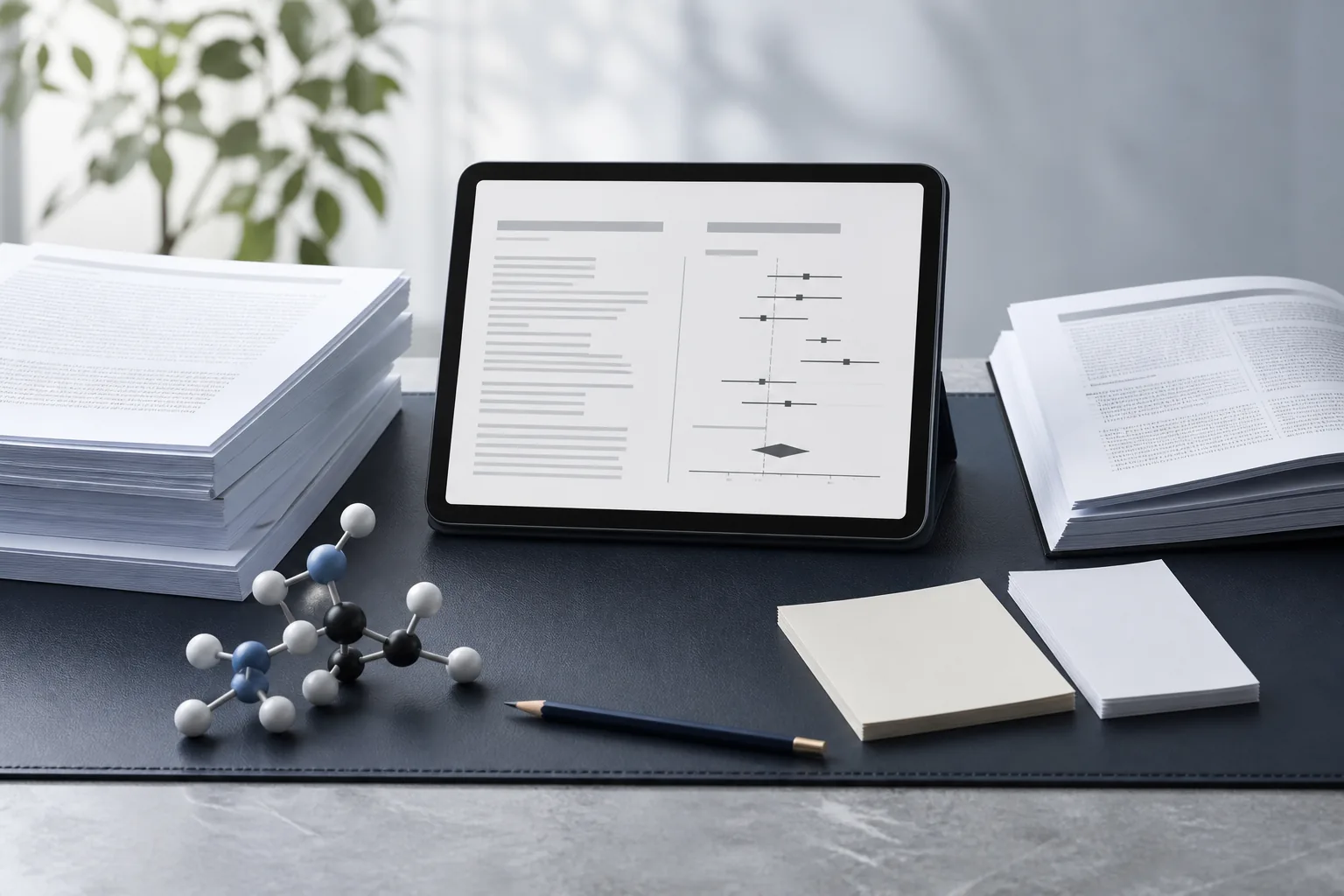 Evidence-review desk with research papers, charts, and a molecular model