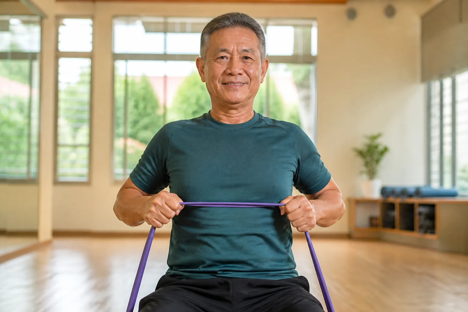 Active older Malaysian adult exercising with resistance bands