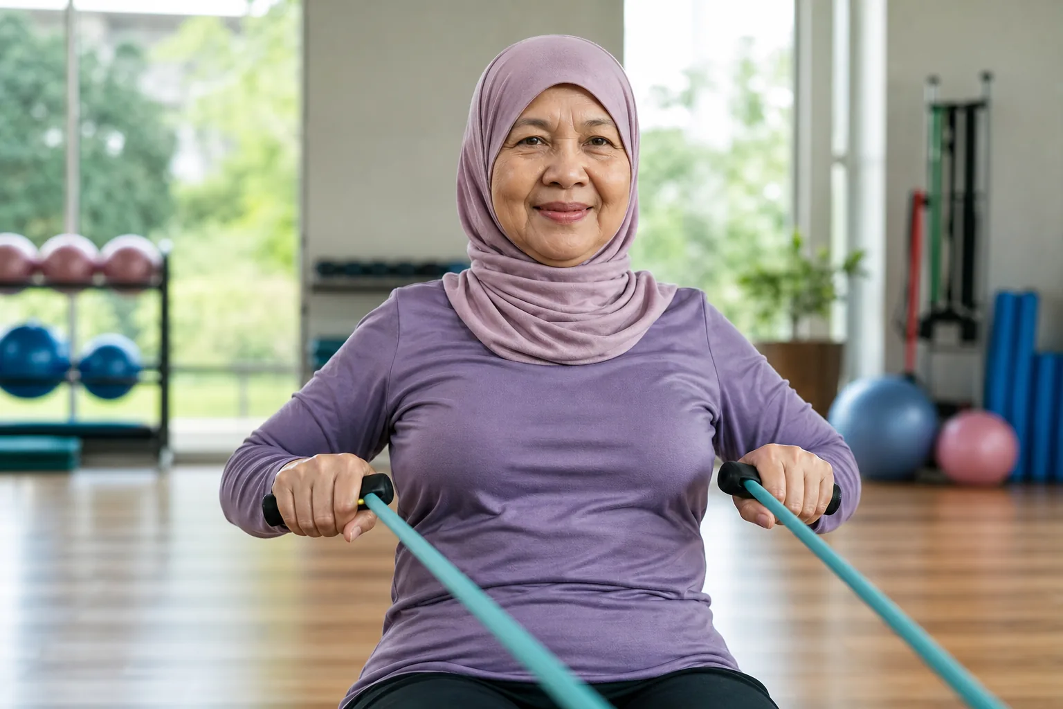 Wanita Melayu Malaysia yang lebih berusia bersenam dengan jalur rintangan