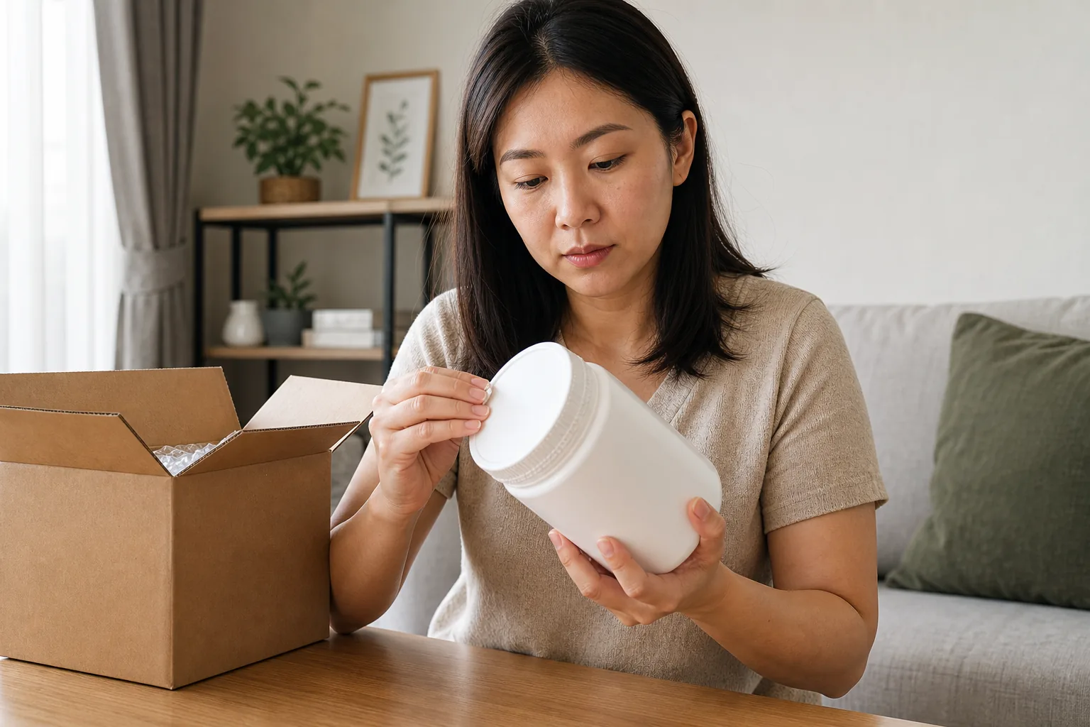 Malaysian Chinese shopper checking the tamper seal of an unbranded creatine product