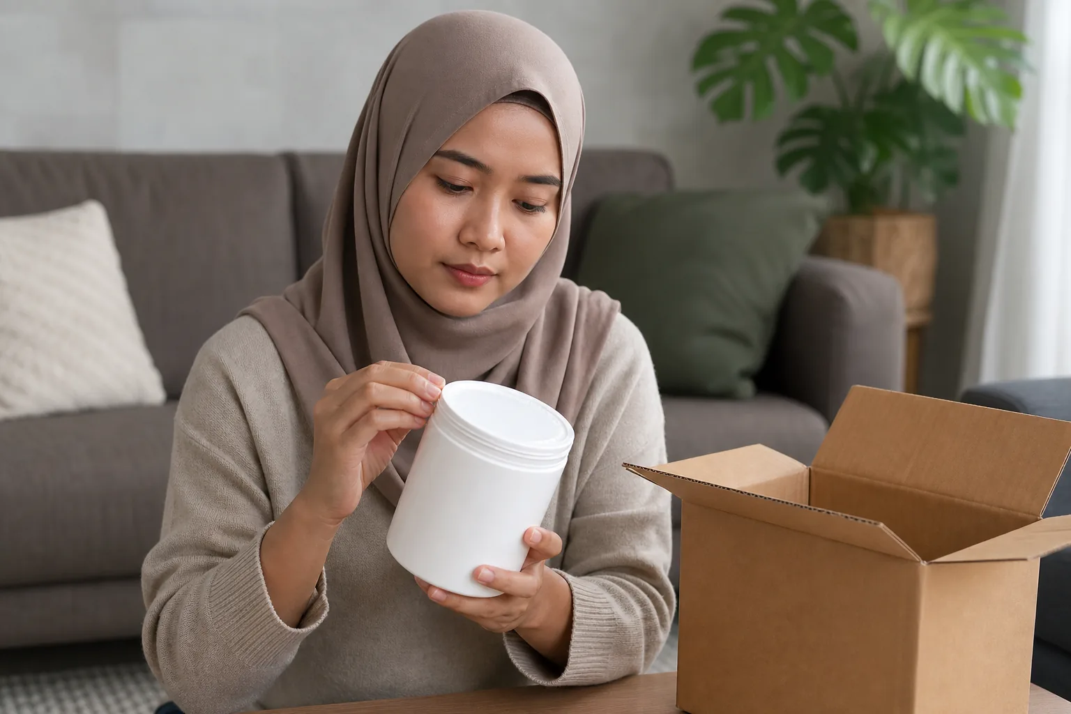 Wanita Melayu Malaysia memeriksa pengedap bekas kreatina tanpa jenama
