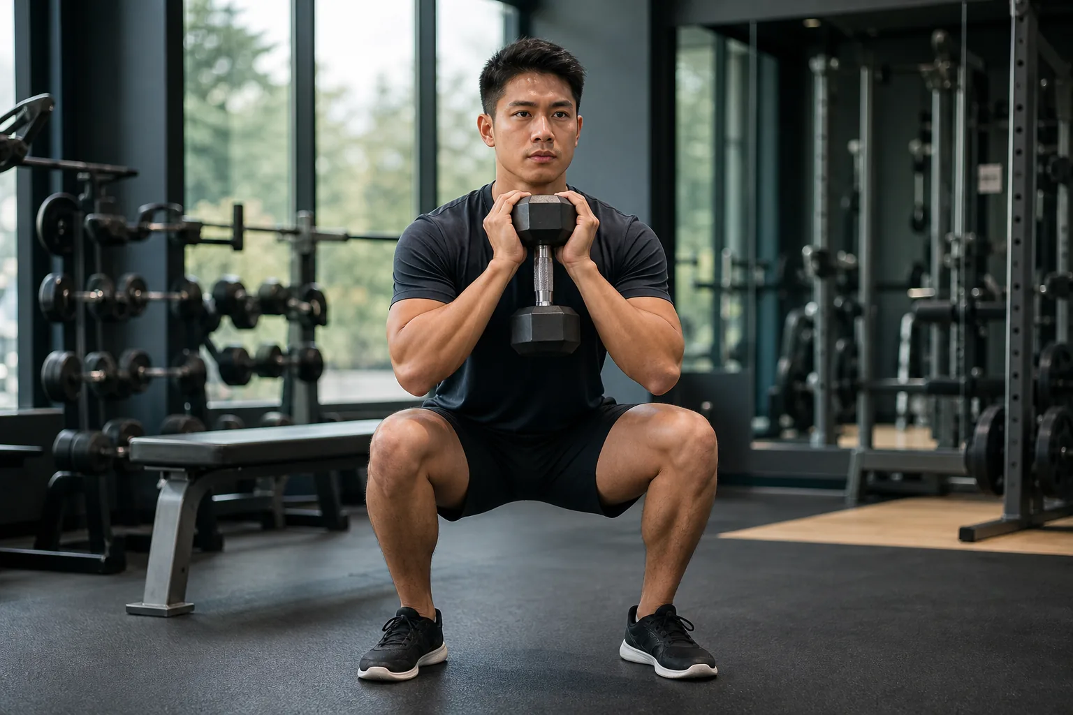 Malaysian recreational lifter performing a controlled goblet squat
