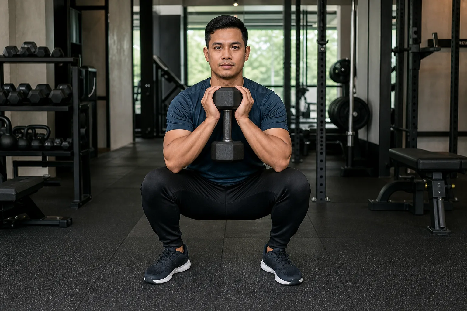 Lelaki Melayu Malaysia melakukan goblet squat dengan teknik terkawal
