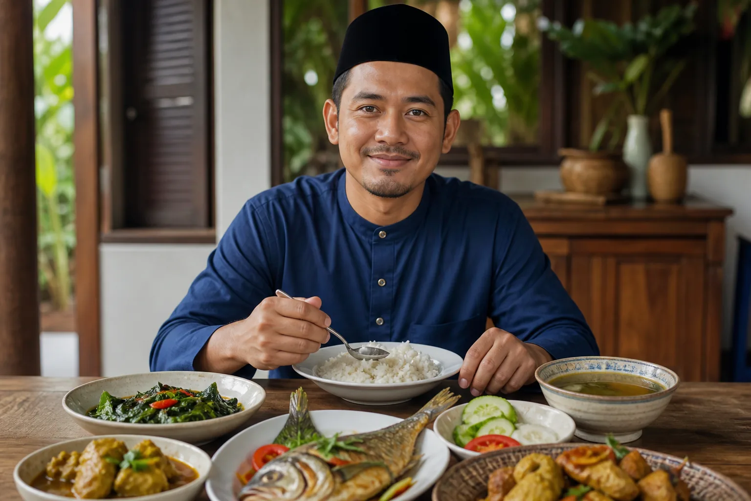Lelaki Melayu Malaysia dengan hidangan yang mengandungi sumber kreatina semula jadi