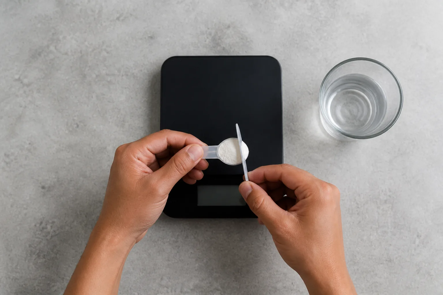 Hands levelling a small creatine scoop beside water and a scale