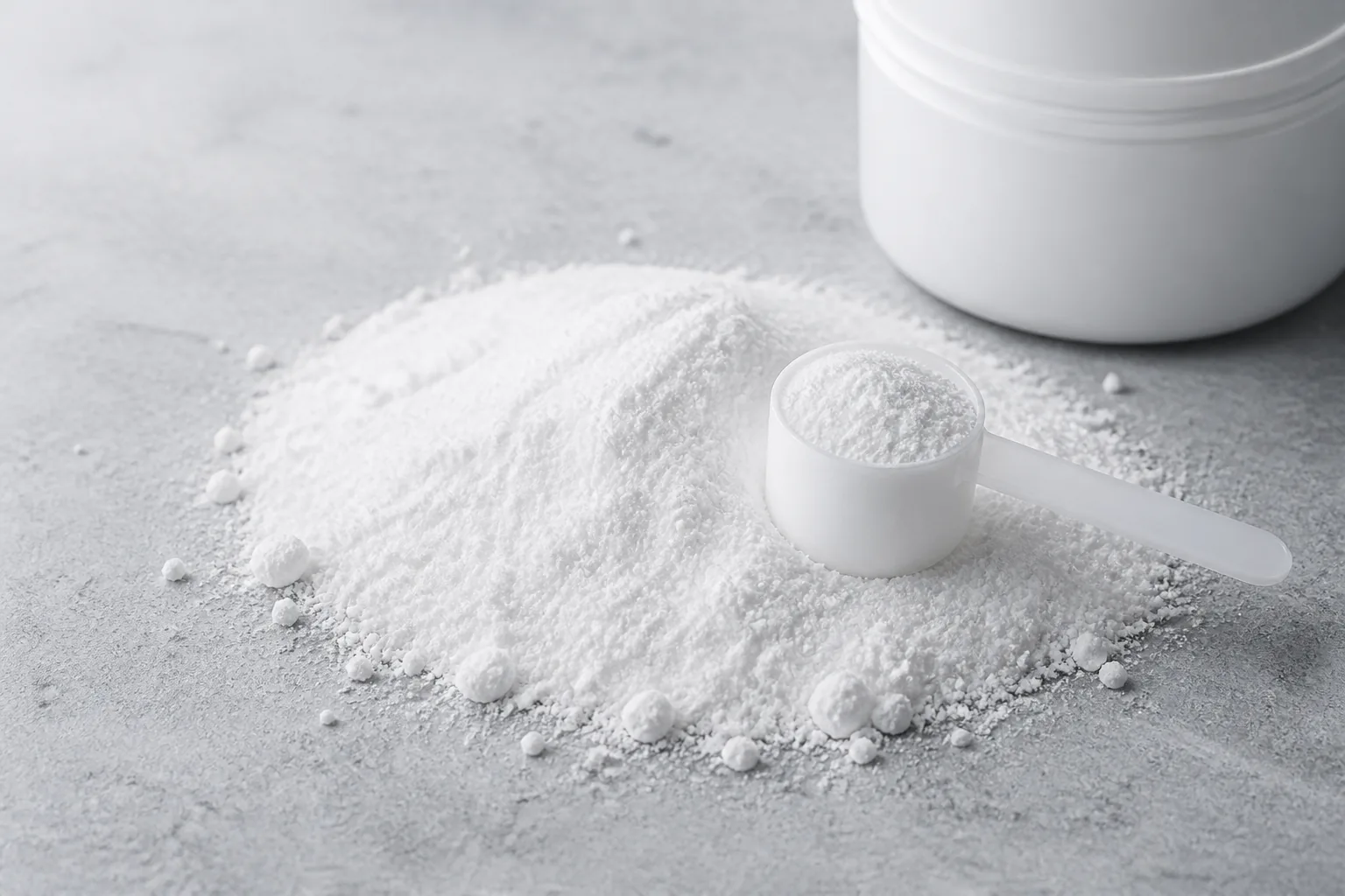 Close view of fine creatine monohydrate powder and a small scoop