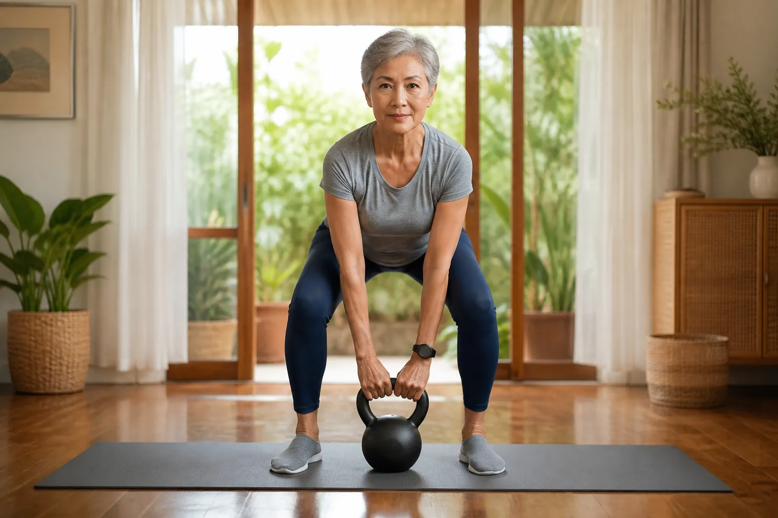 Older Malaysian woman performing a controlled kettlebell deadlift