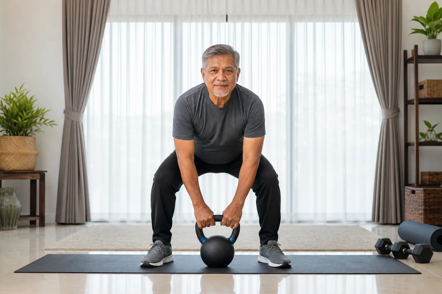 Lelaki Melayu Malaysia yang lebih berusia melakukan kettlebell deadlift