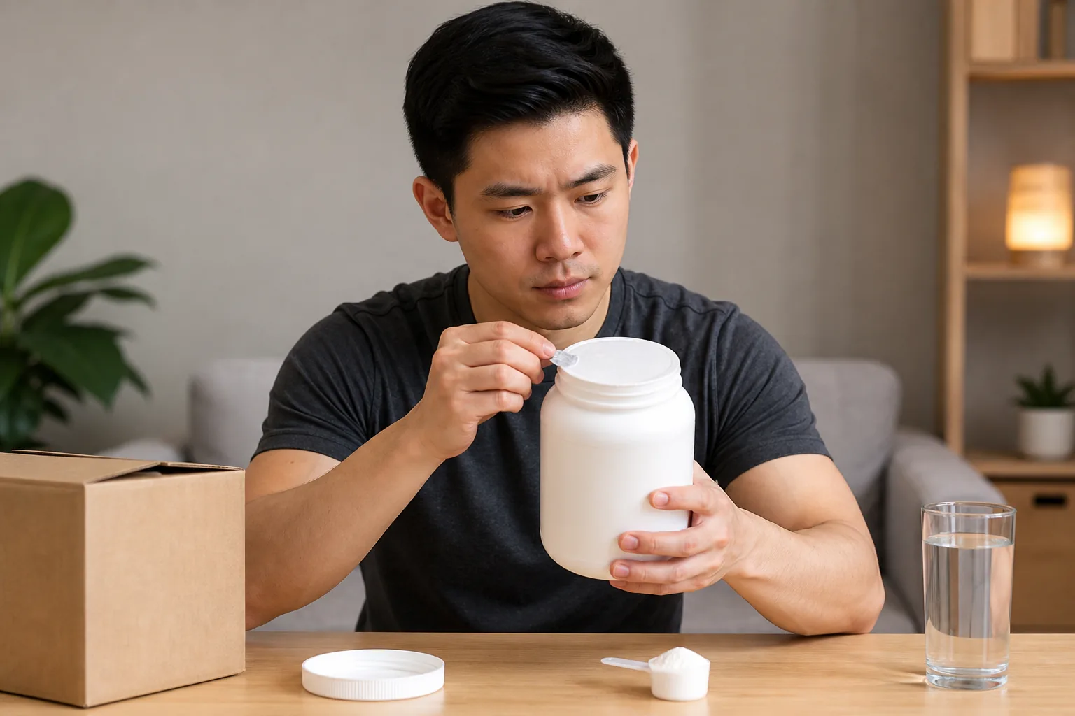Malaysian Chinese shopper checking an unbranded creatine tub for authenticity