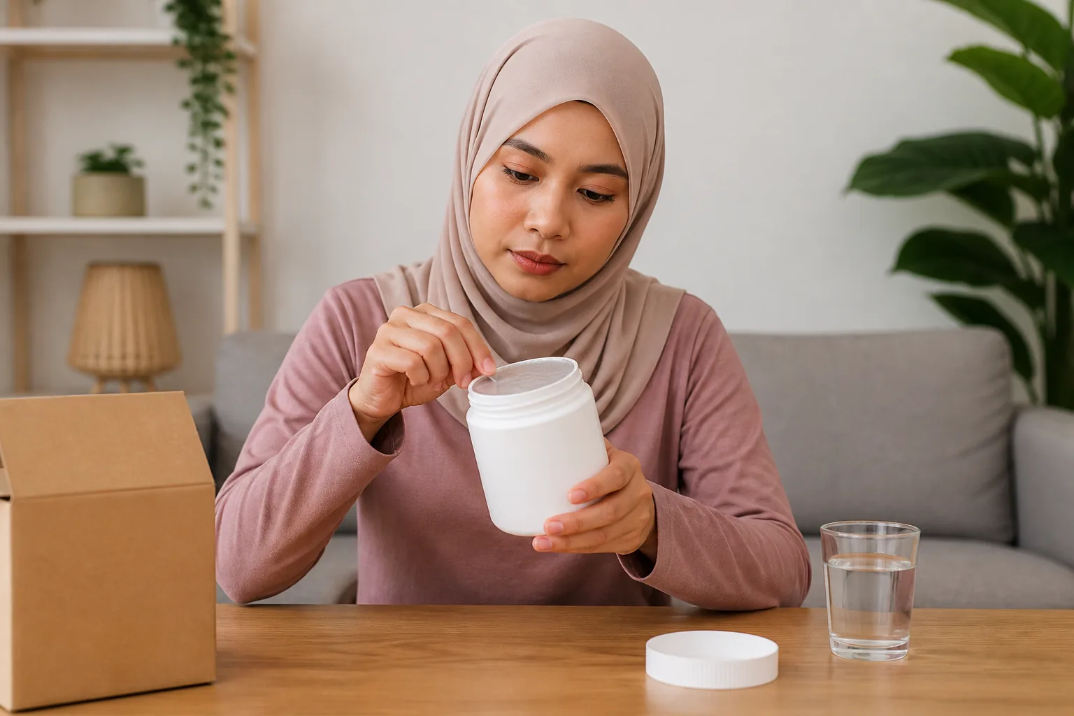 Wanita Melayu Malaysia memeriksa ketulenan bekas kreatina tanpa jenama