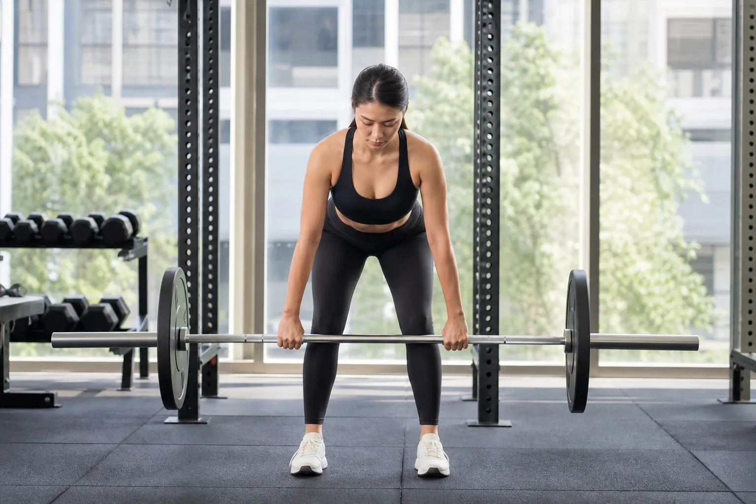 Malaysian woman performing a controlled barbell Romanian deadlift