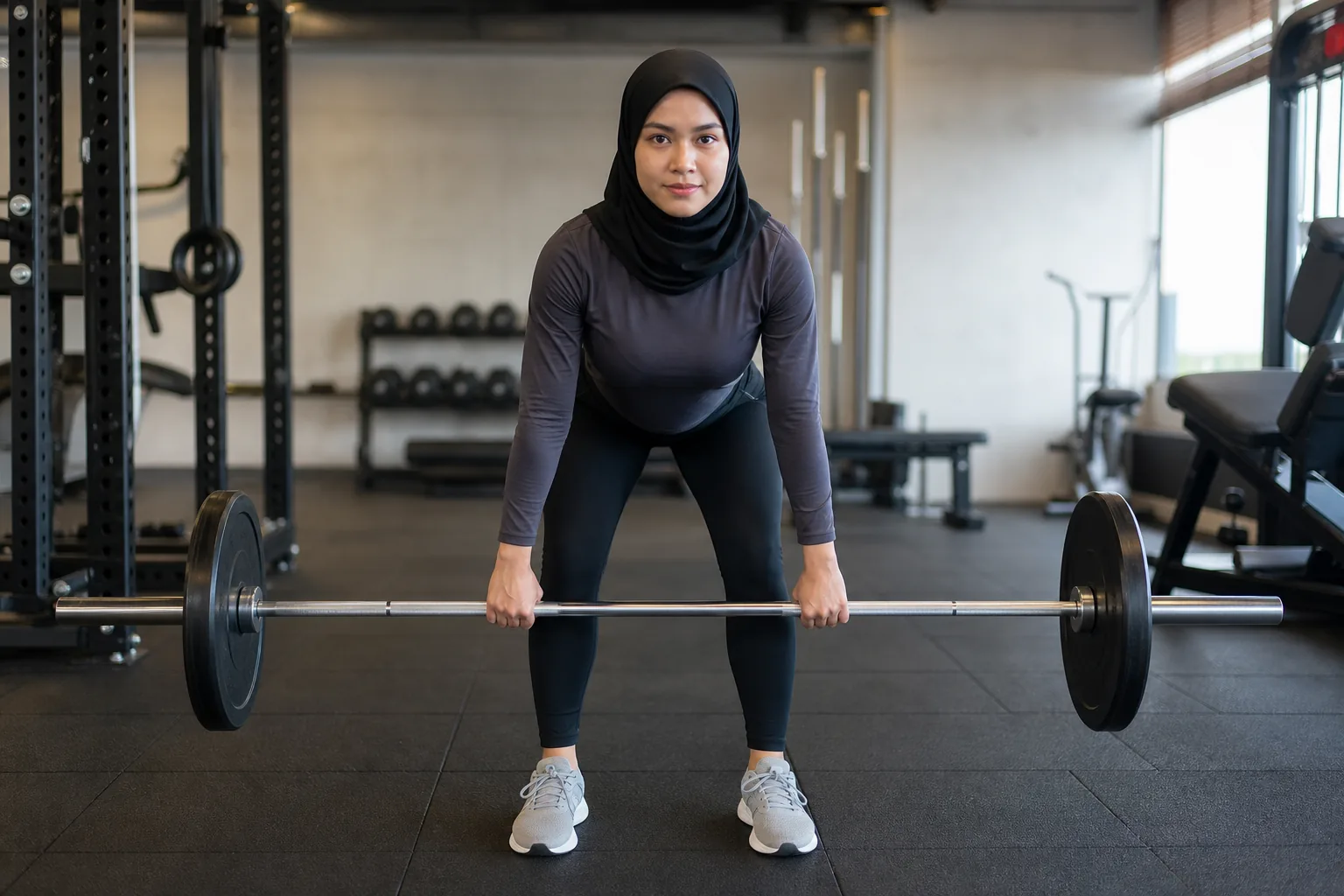 Wanita Melayu Malaysia melakukan Romanian deadlift dengan barbel