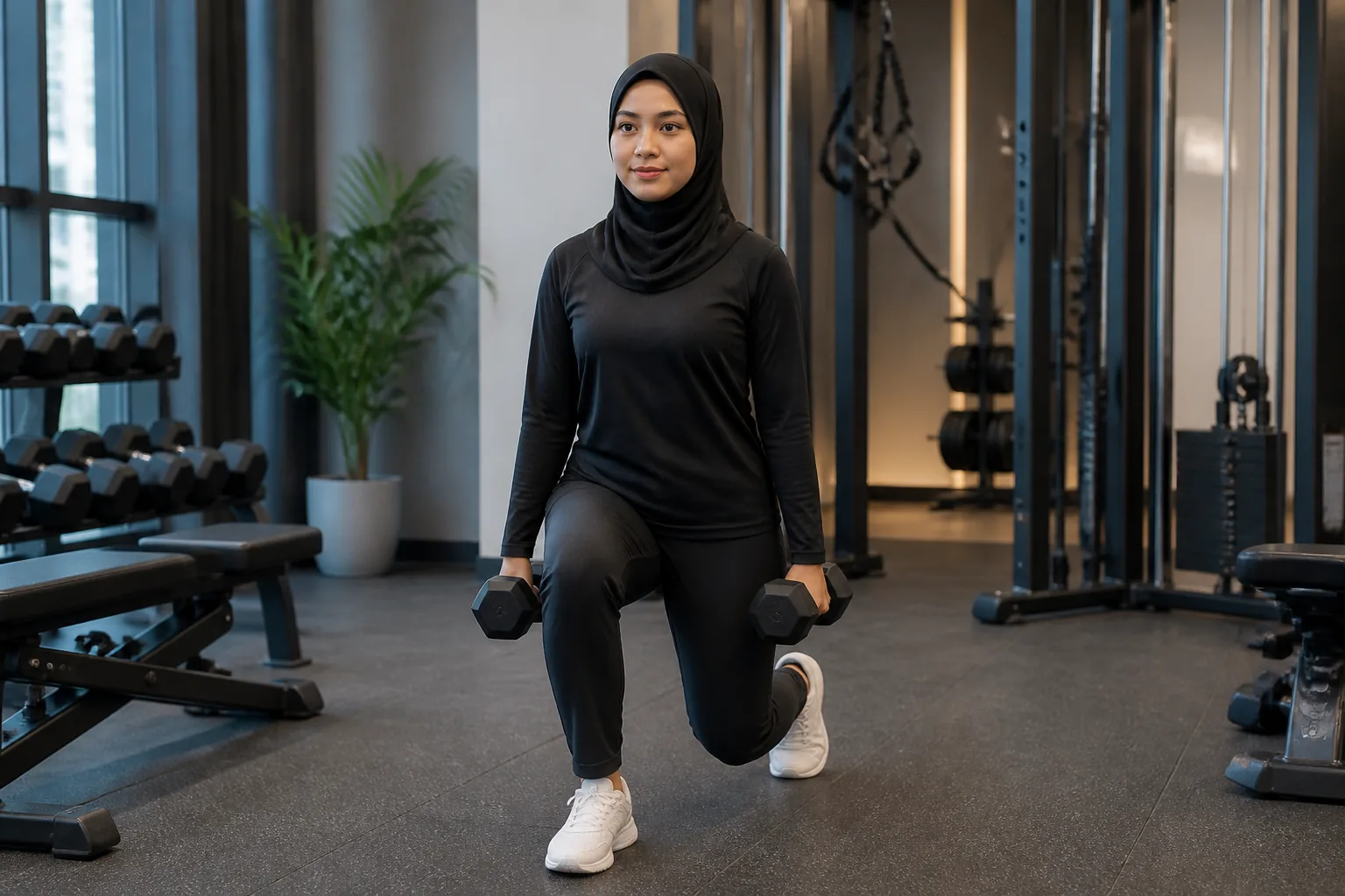 Wanita Melayu Malaysia melakukan reverse lunge dengan dumbel
