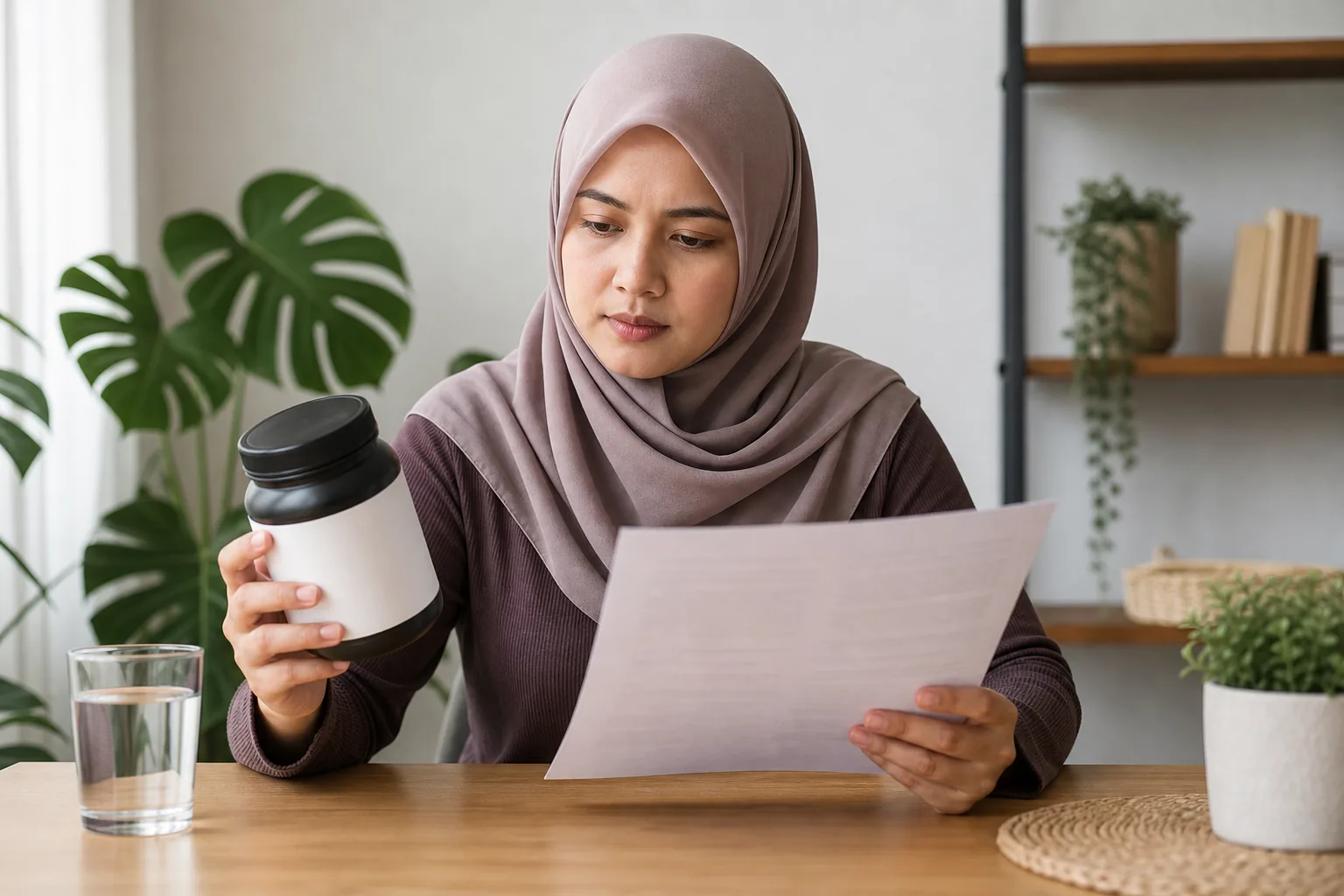 Malaysian woman reviewing supplement information and evidence