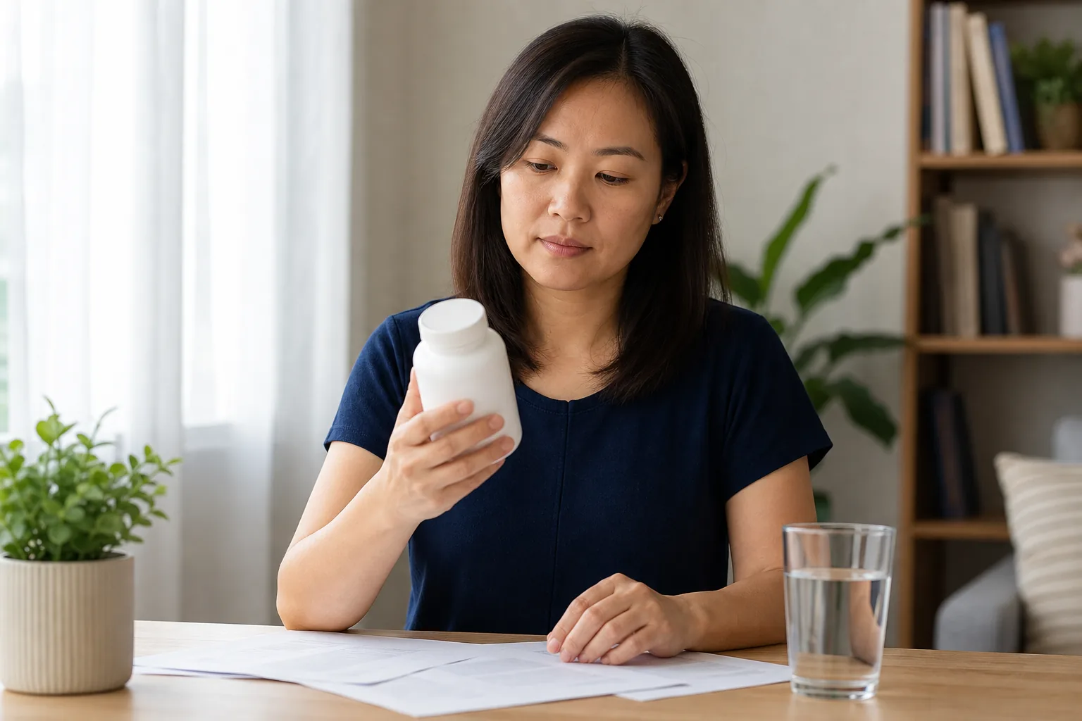 Malaysian Chinese woman reviewing an unbranded creatine container and evidence