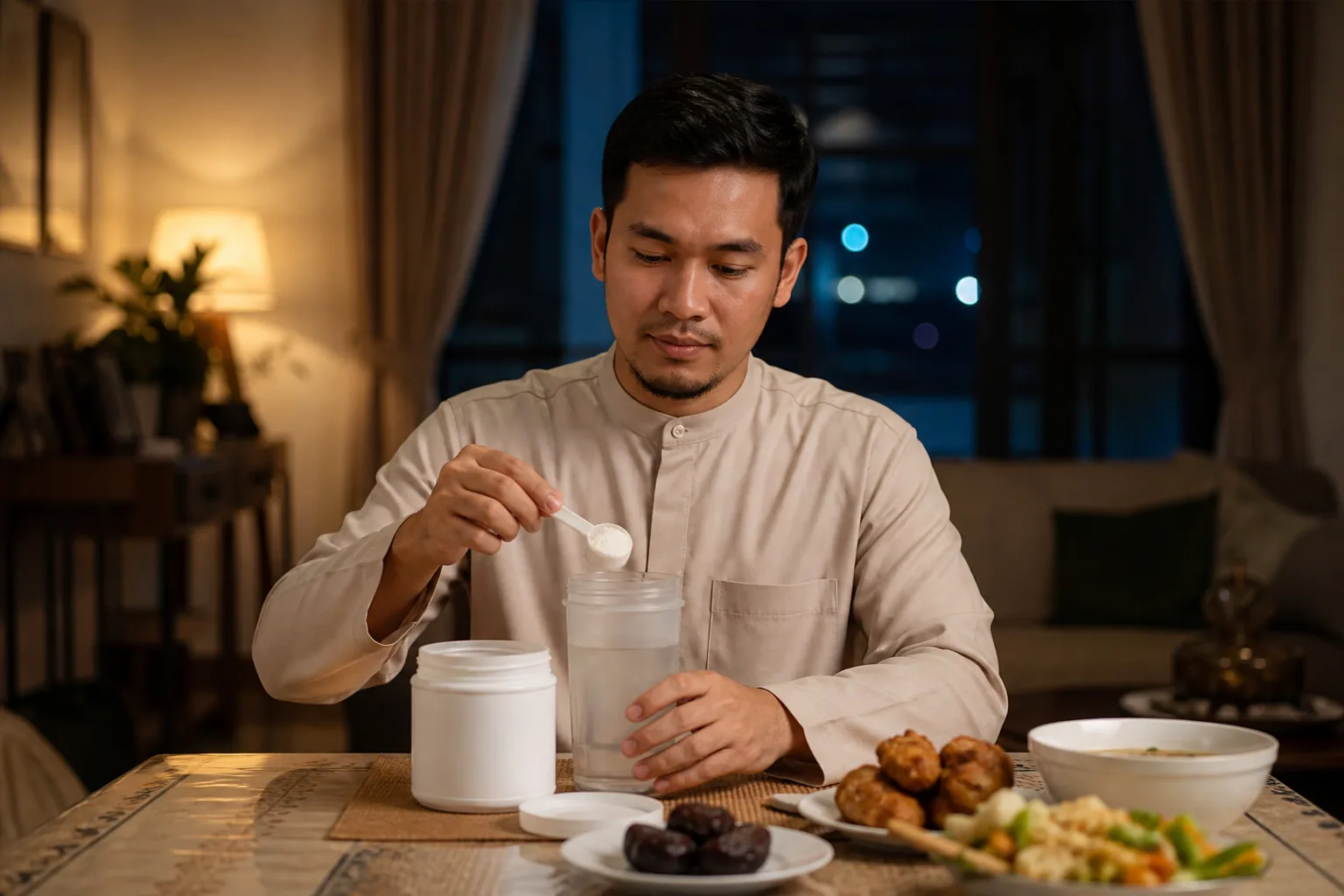 Malaysian Muslim adult preparing hydration and creatine after sunset
