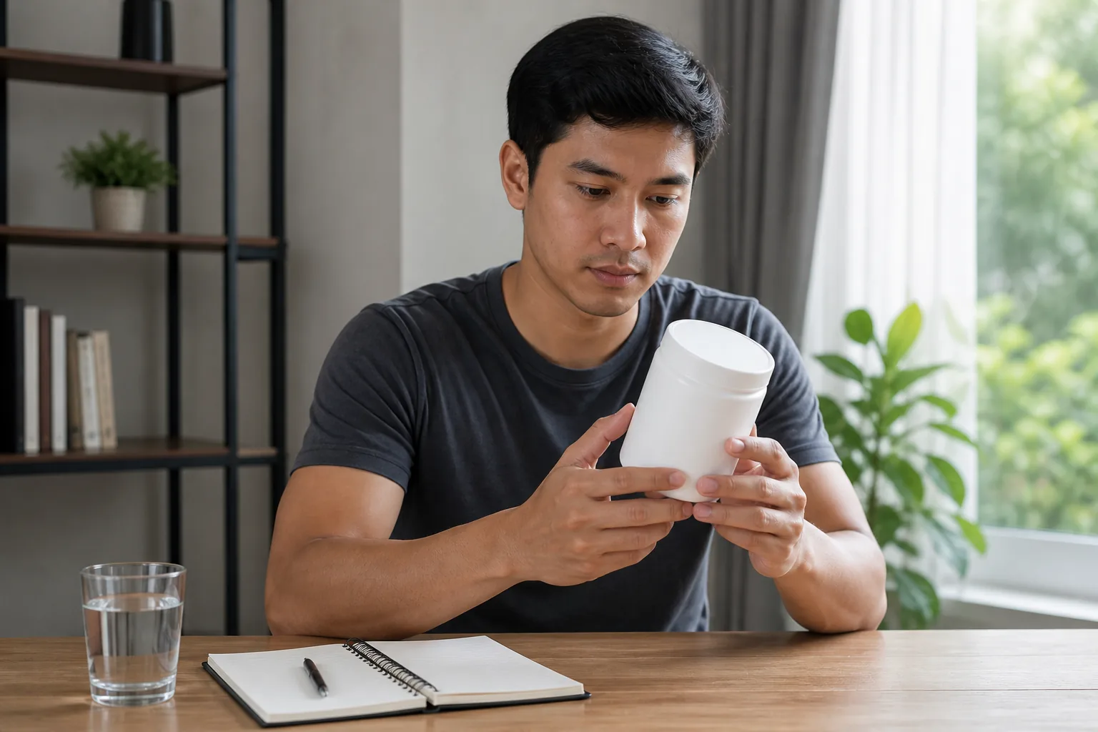 Malaysian adult carefully reviewing an unbranded supplement container