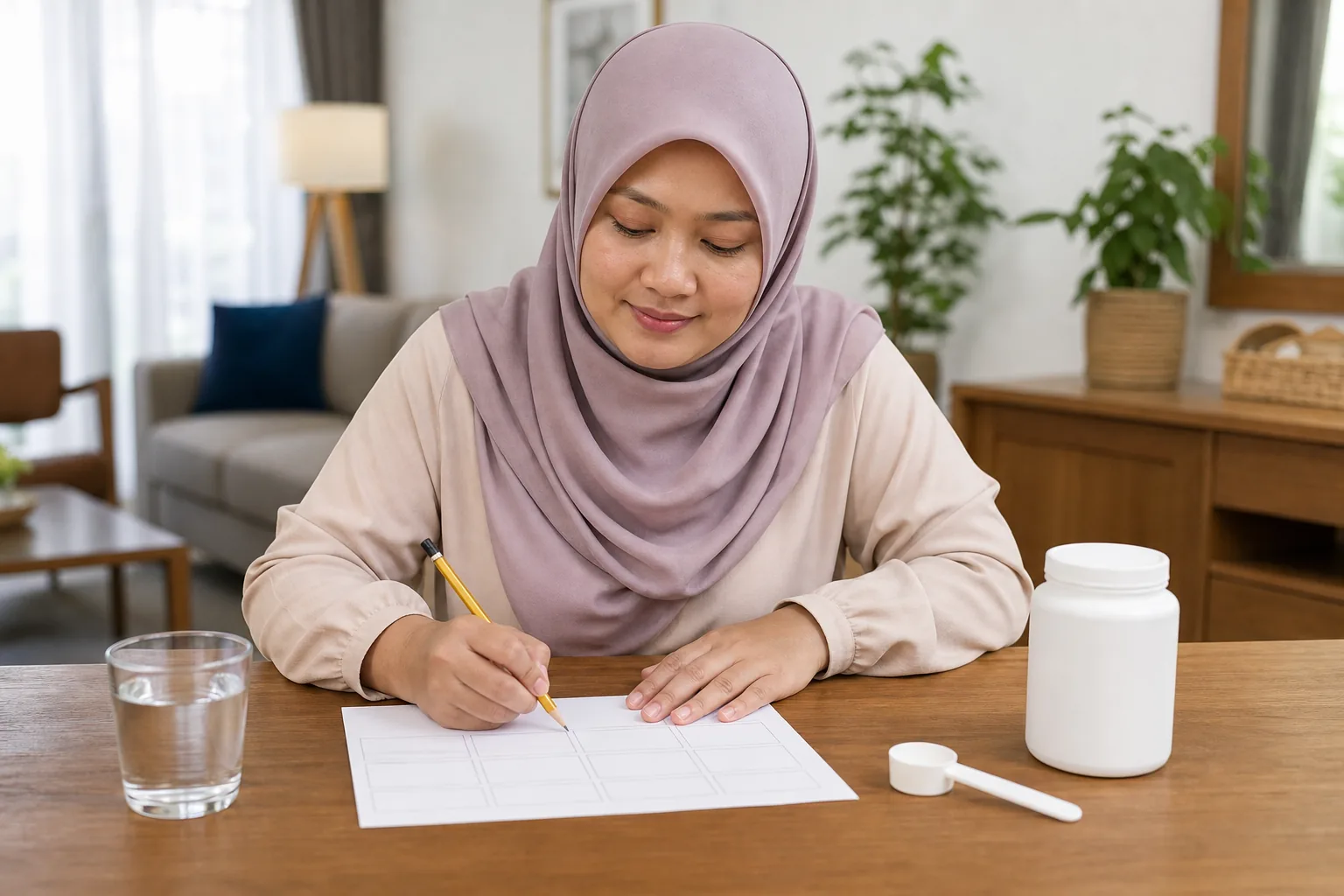 Wanita Melayu Malaysia merancang penggunaan kreatina pada lembaran kerja kosong